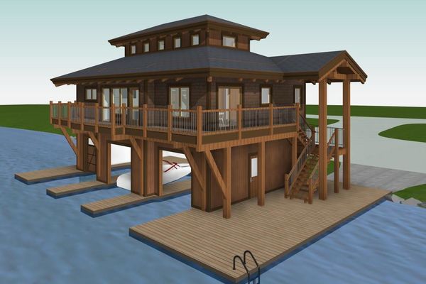 Guest-Boathouse-Muskoka-Ontario-Canadian-Timberframes-3D-Elevation-Rear-Right